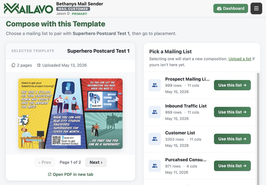 Compose template library showing a grid of reusable postcard and letter templates