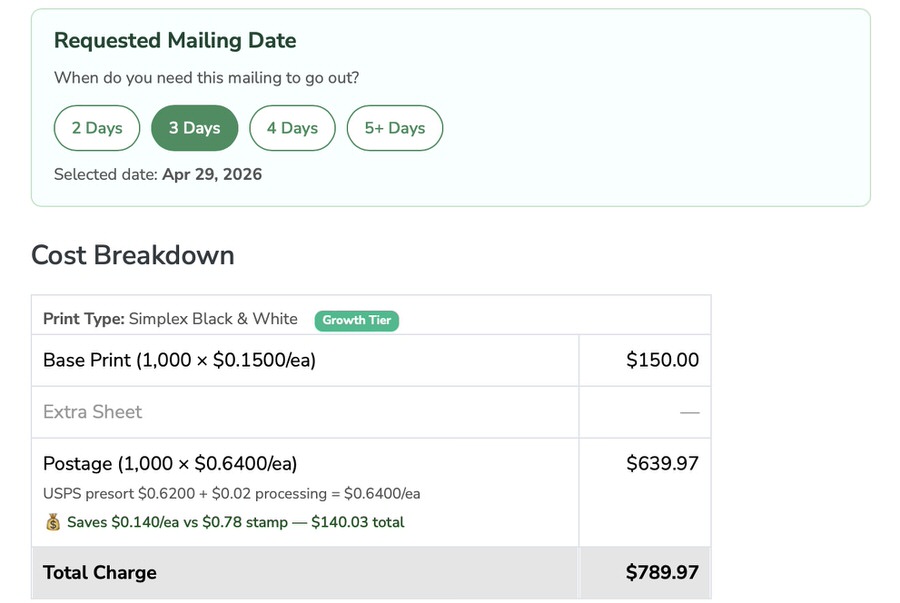 Billing dashboard with cost breakdown and postage savings