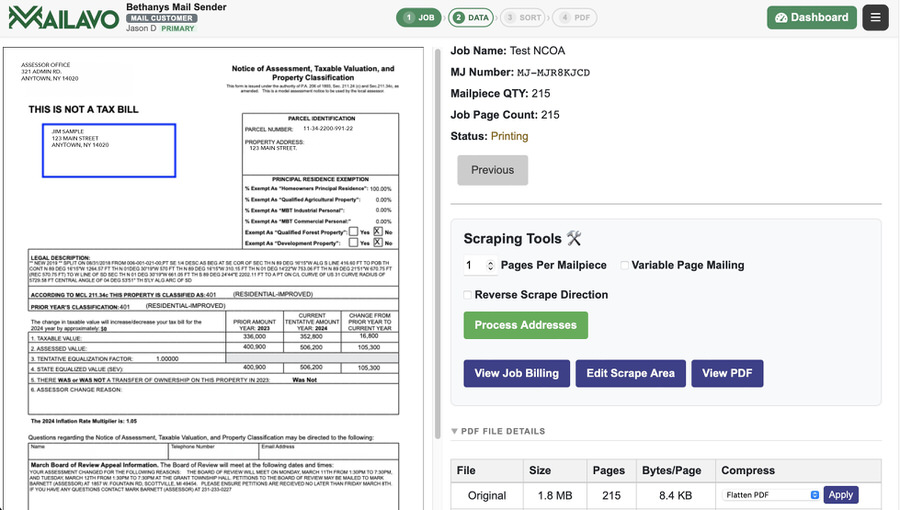Job setup and PDF upload screen