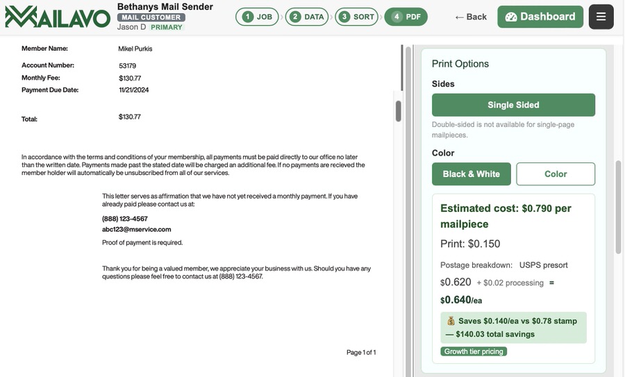 Presort summary and postage savings breakdown